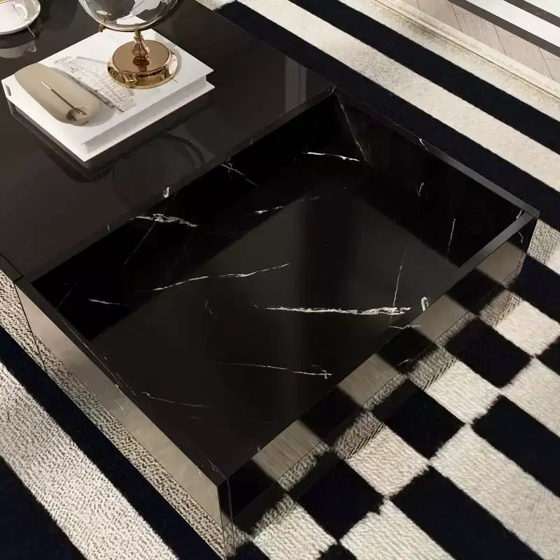 Tavolino Moderno con Fantasia in Marmo Nero, Cassetti e Ripiani aperti