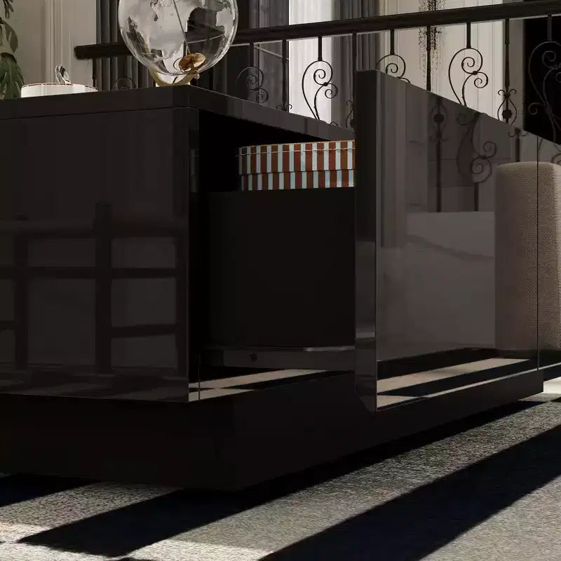 Tavolino Moderno con Fantasia in Marmo Nero, Cassetti e Ripiani aperti