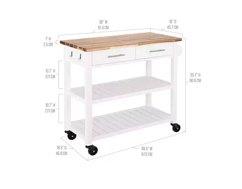 Acacia Wood Top Rolling Kitchen Cart Island Table with Drawers, 38.4 W x 18.5 D, White
