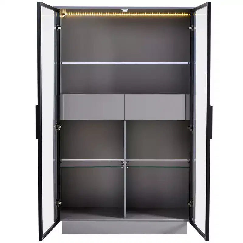 Vetrinetta Illuminata con LED, Porta in Vetro Temperato, 2 Cassetti e Ripiani Regolabili, Grigia