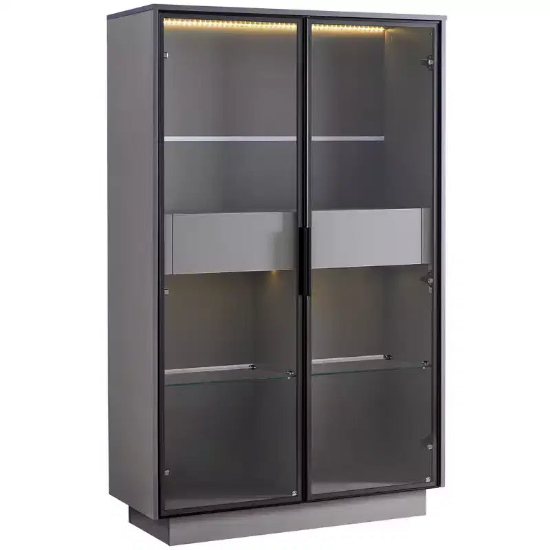 Vetrinetta Illuminata con LED, Porta in Vetro Temperato, 2 Cassetti e Ripiani Regolabili, Grigia