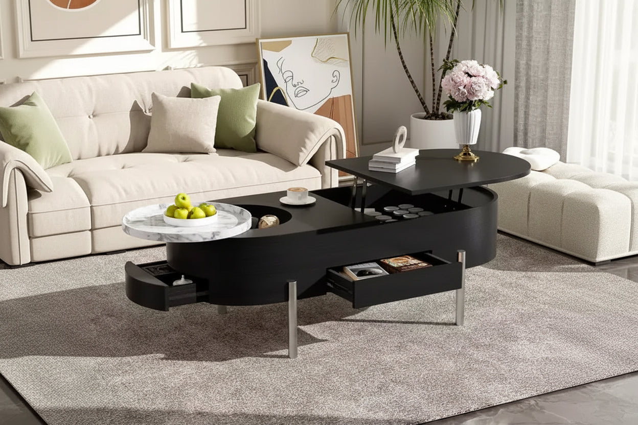 Lift Top Coffee Table Wooden Center Table with 360 Marble-patterned Rotating Tray, 3 Drawers and Hidden Compartment, Brown/Black-ModernLuxe
