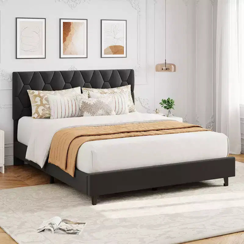 Coolmee Adjustable Upholstered Headboard Platform Bed, Modern Bed Frame with Wooden Slats & Triangular Feet, Easy to Assemble
