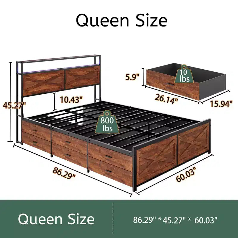 Letto a piattaforma Queen/King Size con testiera e cassetti contenitore, struttura letto a piattaforma con supporto a doghe in metallo, marrone rustico