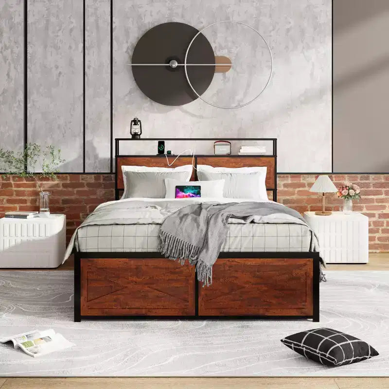 Letto a piattaforma Queen/King Size con testiera e cassetti contenitore, struttura letto a piattaforma con supporto a doghe in metallo, marrone rustico