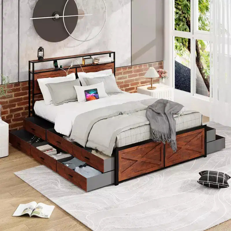 Letto a piattaforma Queen/King Size con testiera e cassetti contenitore, struttura letto a piattaforma con supporto a doghe in metallo, marrone rustico