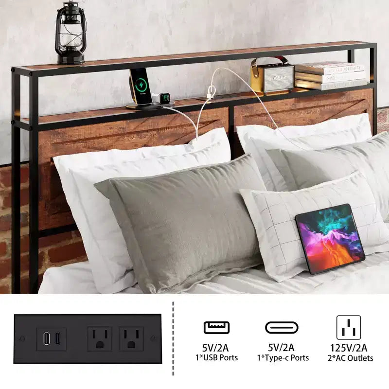 Letto a piattaforma Queen/King Size con testiera e cassetti contenitore, struttura letto a piattaforma con supporto a doghe in metallo, marrone rustico