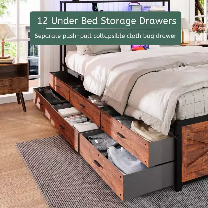 Letto a piattaforma Queen/King Size con testiera e cassetti contenitore, struttura letto a piattaforma con supporto a doghe in metallo, marrone rustico