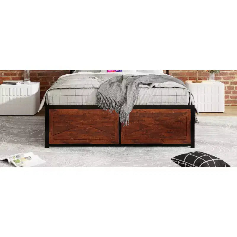 Letto a piattaforma Queen/King Size con testiera e cassetti contenitore, struttura letto a piattaforma con supporto a doghe in metallo, marrone rustico