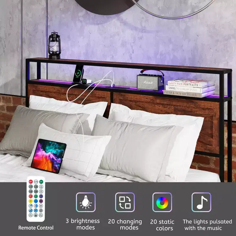 Letto a piattaforma Queen/King Size con testiera e cassetti contenitore, struttura letto a piattaforma con supporto a doghe in metallo, marrone rustico