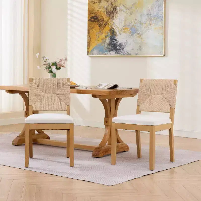Sedie da pranzo moderne di metà secolo, set di 2, schienale intrecciato e seduta in lino
