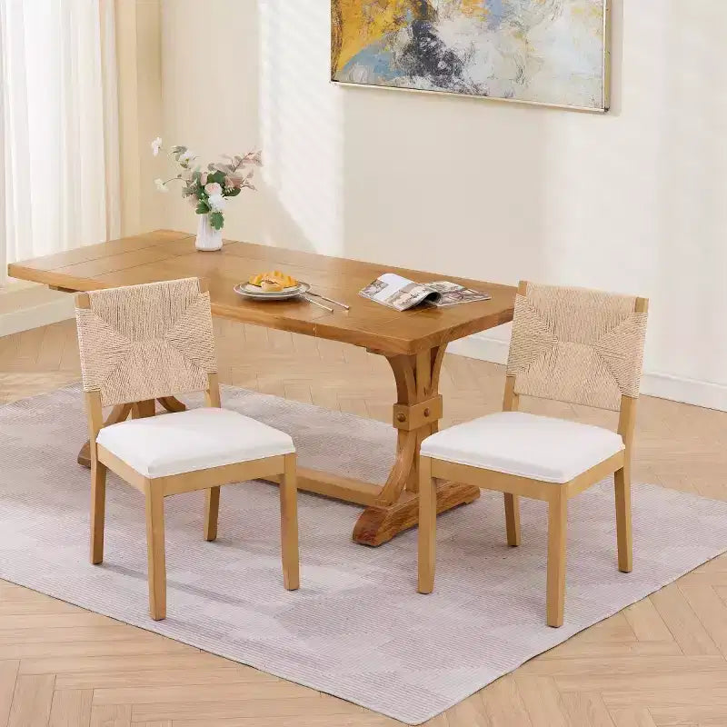 Sedie da pranzo moderne di metà secolo, set di 2, schienale intrecciato e seduta in lino