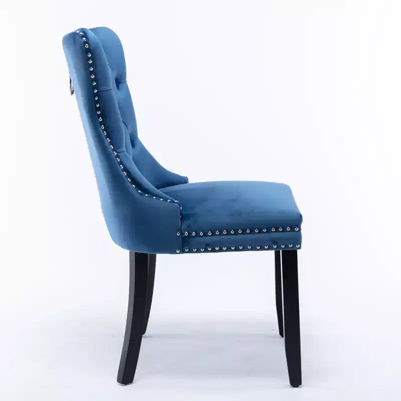 Sedie da pranzo moderne trapuntate in velluto, set da 2, gambe in legno massello e borchie, blu navy