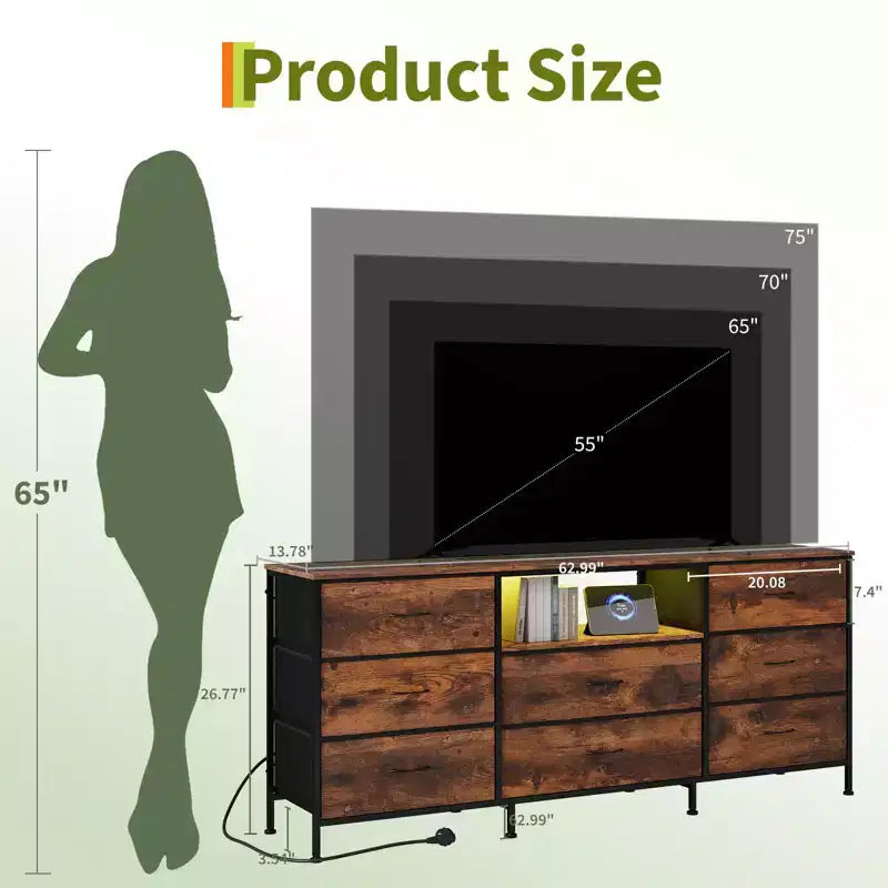 Mobile Porta TV Centro Intrattenimento per TV da 45-65 Pollici, con Luci, 8 Cassetti in Tessuto, Cornice in Metallo e Top in Legno Mobile Contenitore per Soggiorno, Camera da Letto, Corridoio