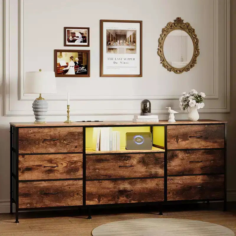 Mobile Porta TV Centro Intrattenimento per TV da 45-65 Pollici, con Luci, 8 Cassetti in Tessuto, Cornice in Metallo e Top in Legno Mobile Contenitore per Soggiorno, Camera da Letto, Corridoio