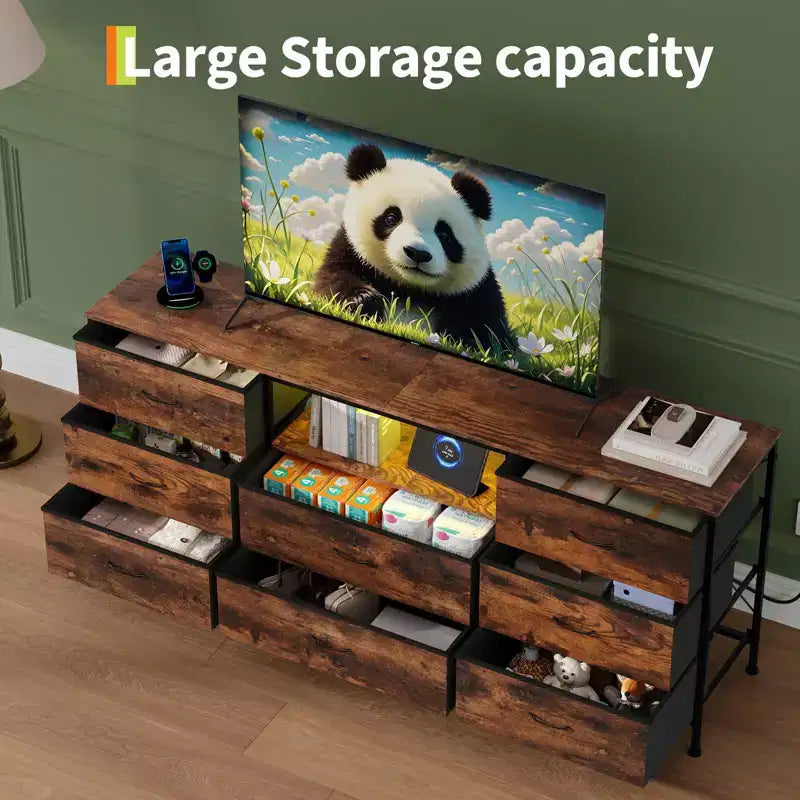 Mobile Porta TV Centro Intrattenimento per TV da 45-65 Pollici, con Luci, 8 Cassetti in Tessuto, Cornice in Metallo e Top in Legno Mobile Contenitore per Soggiorno, Camera da Letto, Corridoio