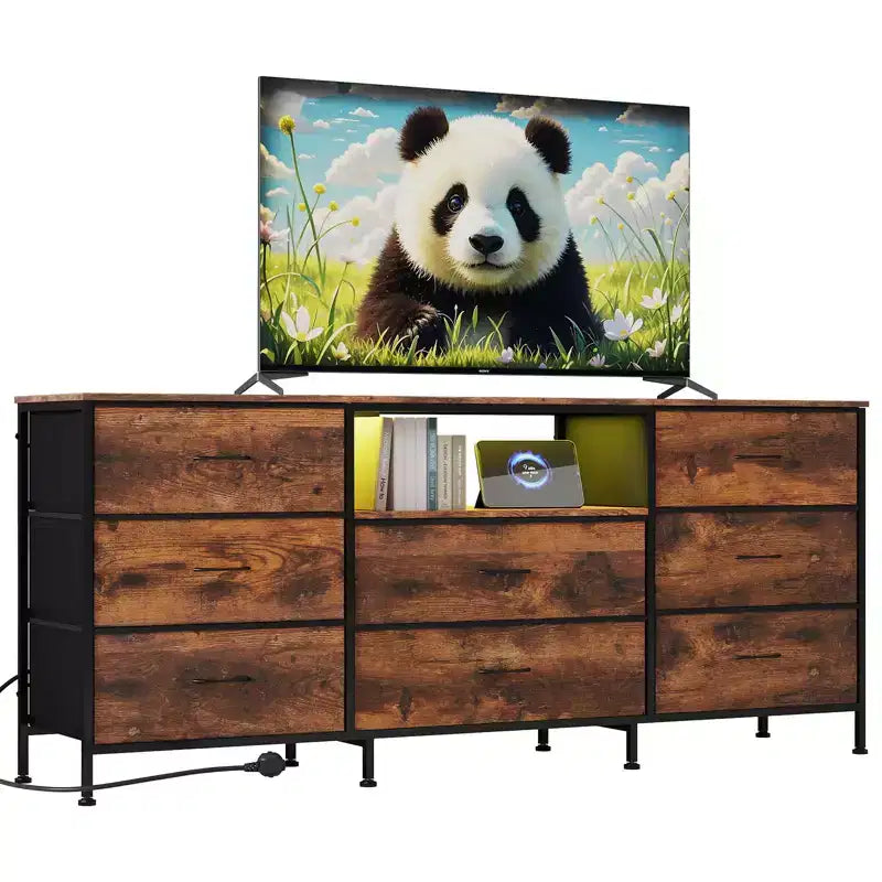 Mobile Porta TV Centro Intrattenimento per TV da 45-65 Pollici, con Luci, 8 Cassetti in Tessuto, Cornice in Metallo e Top in Legno Mobile Contenitore per Soggiorno, Camera da Letto, Corridoio