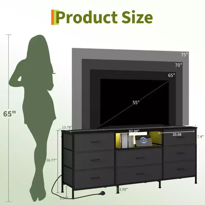 Mobile Porta TV Centro Intrattenimento per TV da 45-65 Pollici, con Luci, 8 Cassetti in Tessuto, Cornice in Metallo e Top in Legno Mobile Contenitore per Soggiorno, Camera da Letto, Corridoio