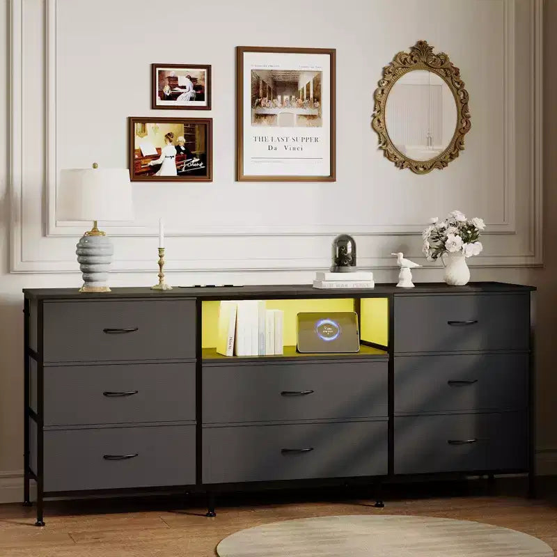 Mobile Porta TV Centro Intrattenimento per TV da 45-65 Pollici, con Luci, 8 Cassetti in Tessuto, Cornice in Metallo e Top in Legno Mobile Contenitore per Soggiorno, Camera da Letto, Corridoio