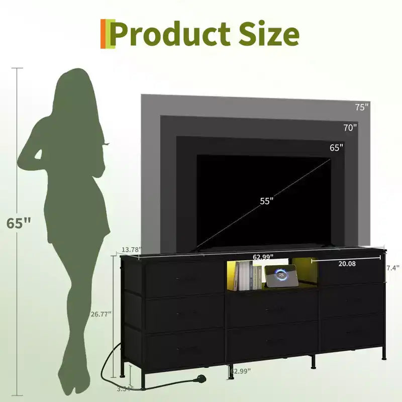 Mobile Porta TV Centro Intrattenimento per TV da 45-65 Pollici, con Luci, 8 Cassetti in Tessuto, Cornice in Metallo e Top in Legno Mobile Contenitore per Soggiorno, Camera da Letto, Corridoio