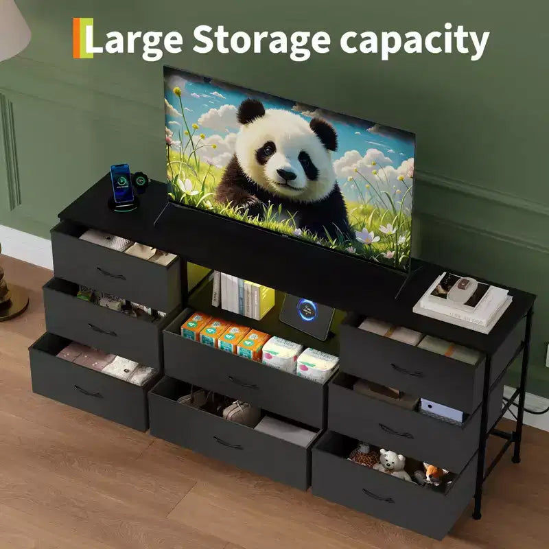 Mobile Porta TV Centro Intrattenimento per TV da 45-65 Pollici, con Luci, 8 Cassetti in Tessuto, Cornice in Metallo e Top in Legno Mobile Contenitore per Soggiorno, Camera da Letto, Corridoio