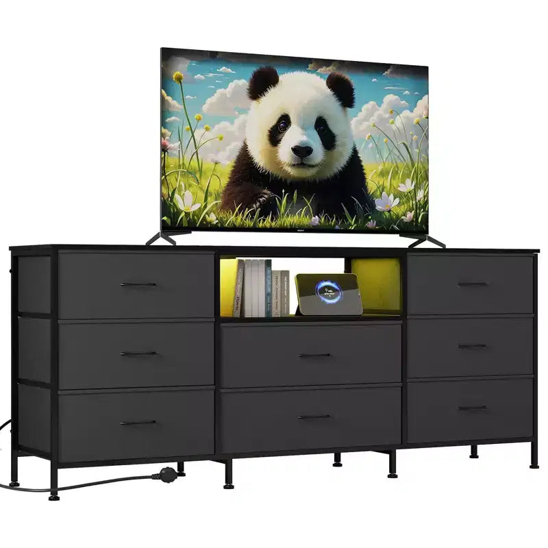 Mobile Porta TV Centro Intrattenimento per TV da 45-65 Pollici, con Luci, 8 Cassetti in Tessuto, Cornice in Metallo e Top in Legno Mobile Contenitore per Soggiorno, Camera da Letto, Corridoio