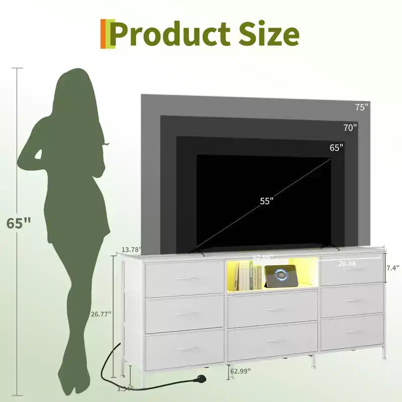 Mobile Porta TV Centro Intrattenimento per TV da 45-65 Pollici, con Luci, 8 Cassetti in Tessuto, Cornice in Metallo e Top in Legno Mobile Contenitore per Soggiorno, Camera da Letto, Corridoio