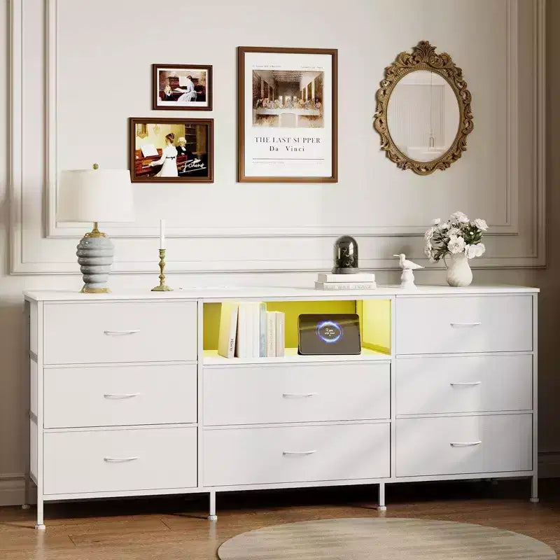 Mobile Porta TV Centro Intrattenimento per TV da 45-65 Pollici, con Luci, 8 Cassetti in Tessuto, Cornice in Metallo e Top in Legno Mobile Contenitore per Soggiorno, Camera da Letto, Corridoio