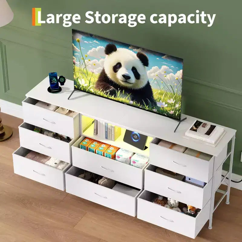 Mobile Porta TV Centro Intrattenimento per TV da 45-65 Pollici, con Luci, 8 Cassetti in Tessuto, Cornice in Metallo e Top in Legno Mobile Contenitore per Soggiorno, Camera da Letto, Corridoio