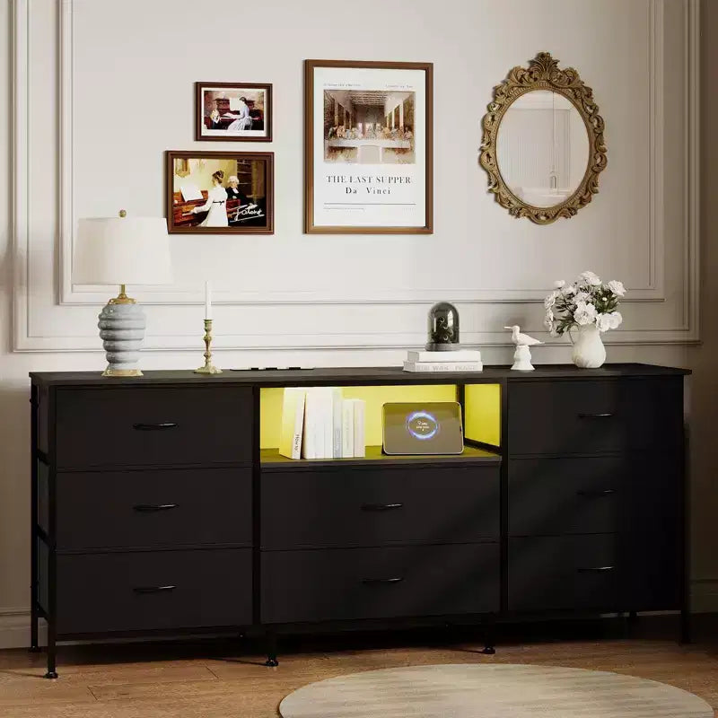 Mobile Porta TV Centro Intrattenimento per TV da 45-65 Pollici, con Luci, 8 Cassetti in Tessuto, Cornice in Metallo e Top in Legno Mobile Contenitore per Soggiorno, Camera da Letto, Corridoio
