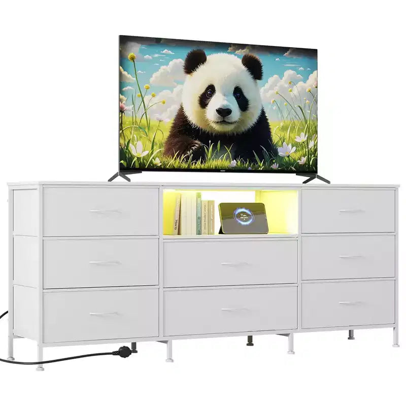 Mobile Porta TV Centro Intrattenimento per TV da 45-65 Pollici, con Luci, 8 Cassetti in Tessuto, Cornice in Metallo e Top in Legno Mobile Contenitore per Soggiorno, Camera da Letto, Corridoio