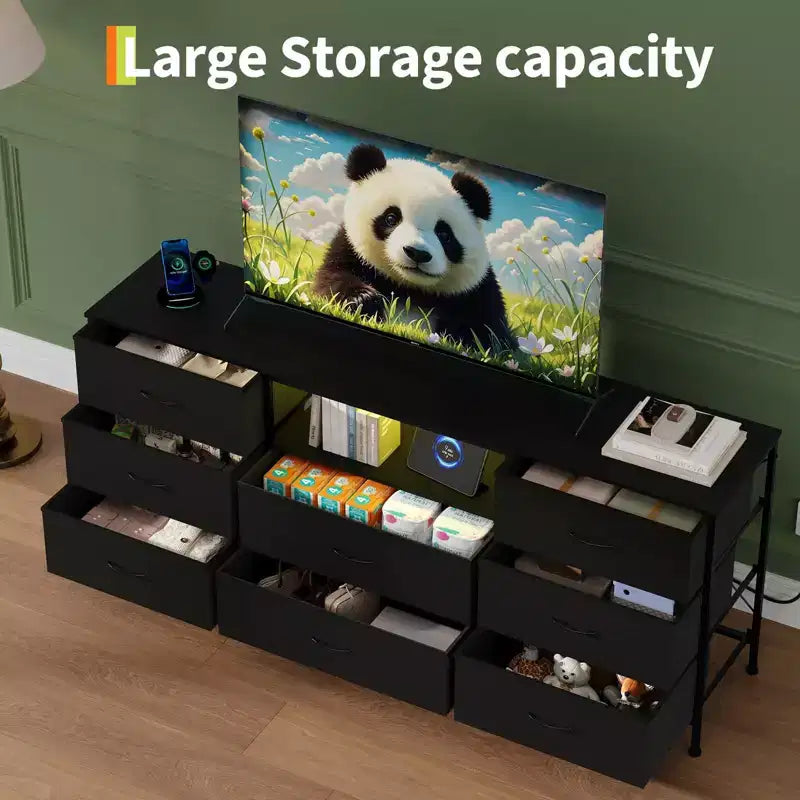 Mobile Porta TV Centro Intrattenimento per TV da 45-65 Pollici, con Luci, 8 Cassetti in Tessuto, Cornice in Metallo e Top in Legno Mobile Contenitore per Soggiorno, Camera da Letto, Corridoio