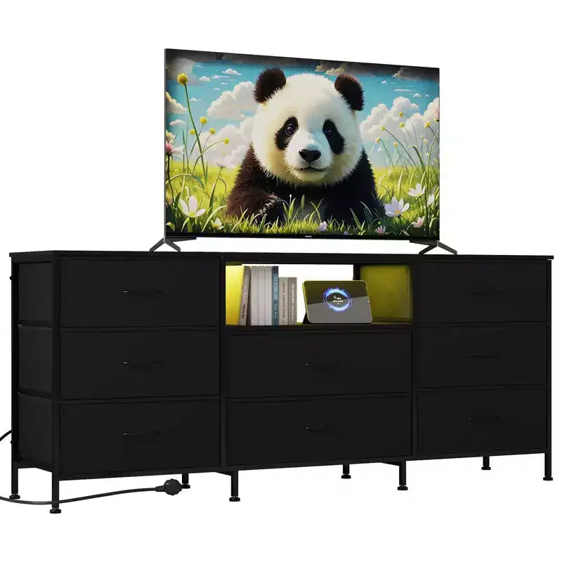 Mobile Porta TV Centro Intrattenimento per TV da 45-65 Pollici, con Luci, 8 Cassetti in Tessuto, Cornice in Metallo e Top in Legno Mobile Contenitore per Soggiorno, Camera da Letto, Corridoio
