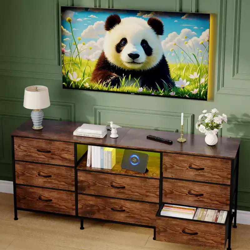 Mobile Porta TV Centro Intrattenimento per TV da 45-65 Pollici, con Luci, 8 Cassetti in Tessuto, Cornice in Metallo e Top in Legno Mobile Contenitore per Soggiorno, Camera da Letto, Corridoio