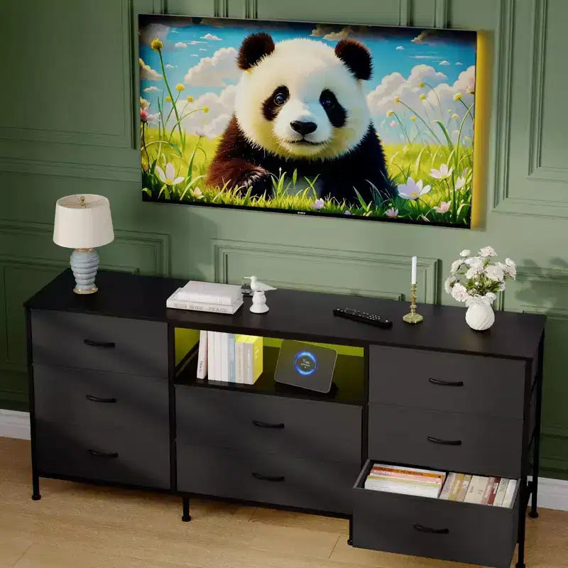 Mobile Porta TV Centro Intrattenimento per TV da 45-65 Pollici, con Luci, 8 Cassetti in Tessuto, Cornice in Metallo e Top in Legno Mobile Contenitore per Soggiorno, Camera da Letto, Corridoio