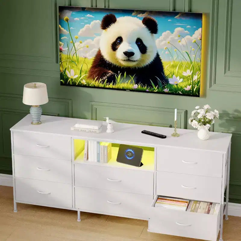 Mobile Porta TV Centro Intrattenimento per TV da 45-65 Pollici, con Luci, 8 Cassetti in Tessuto, Cornice in Metallo e Top in Legno Mobile Contenitore per Soggiorno, Camera da Letto, Corridoio