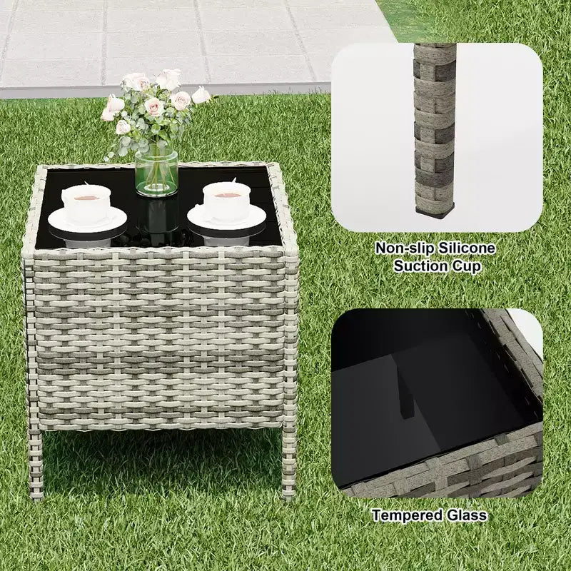 Set di mobili da giardino da 3 pezzi, sedie in vimini con tavolo, mobili da esterno con cuscini morbidi e tavolo in vetro per veranda giardino prato balcone