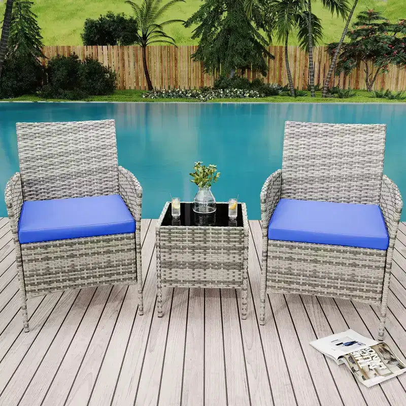 Set di mobili da giardino da 3 pezzi, sedie in vimini con tavolo, mobili da esterno con cuscini morbidi e tavolo in vetro per veranda giardino prato balcone