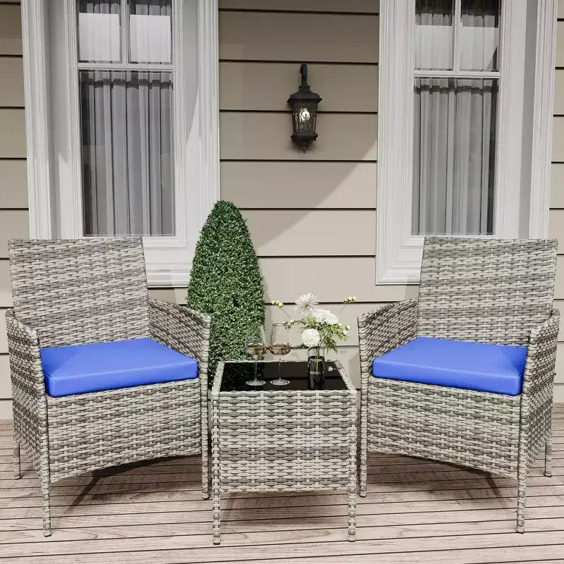 Set di mobili da giardino da 3 pezzi, sedie in vimini con tavolo, mobili da esterno con cuscini morbidi e tavolo in vetro per veranda giardino prato balcone