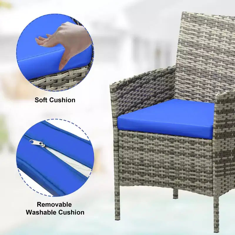 Set di mobili da giardino da 3 pezzi, sedie in vimini con tavolo, mobili da esterno con cuscini morbidi e tavolo in vetro per veranda giardino prato balcone