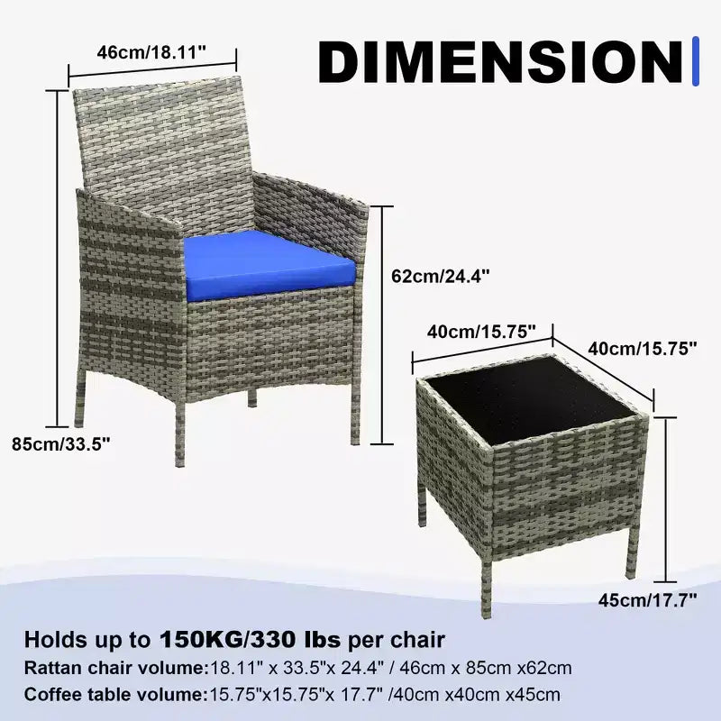 Set di mobili da giardino da 3 pezzi, sedie in vimini con tavolo, mobili da esterno con cuscini morbidi e tavolo in vetro per veranda giardino prato balcone
