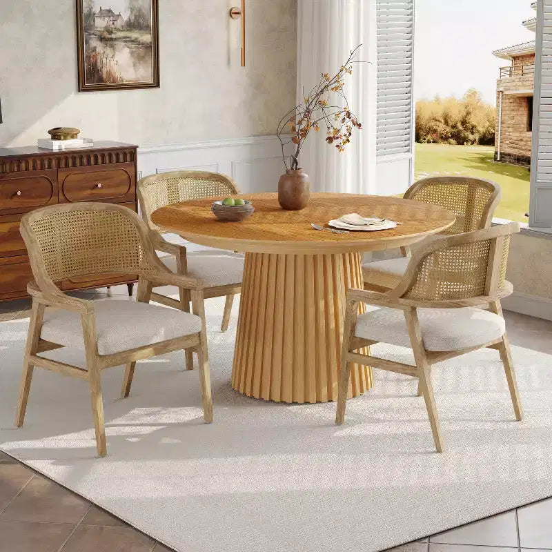 Set da pranzo allungabile 5 pezzi Mid-Century Modern con sedie con schienale in canna intrecciata