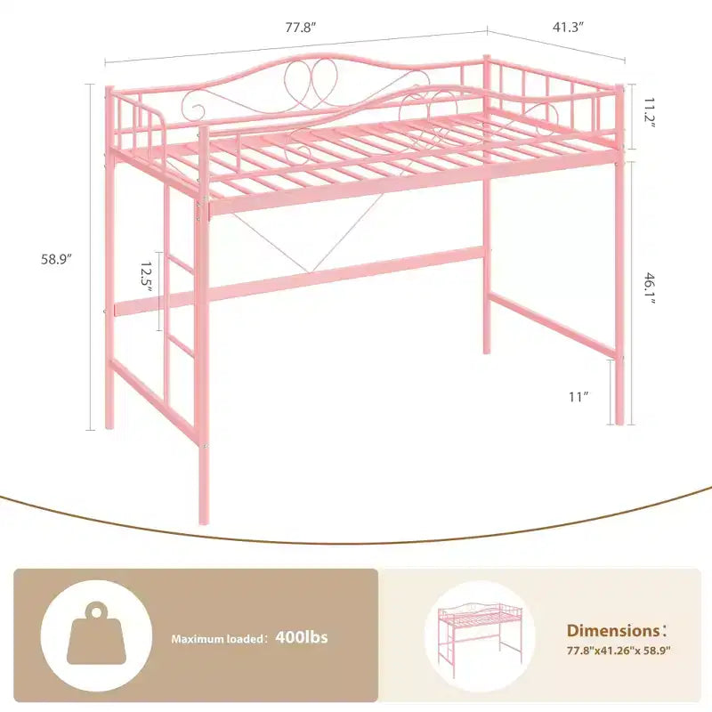 Letto singolo a soppalco  Robusto telaio in metallo, scaletta rimovibile, spondine di sicurezza a tutta lunghezza, capacità di carico 181 kg, nessuna base per materasso richiesta