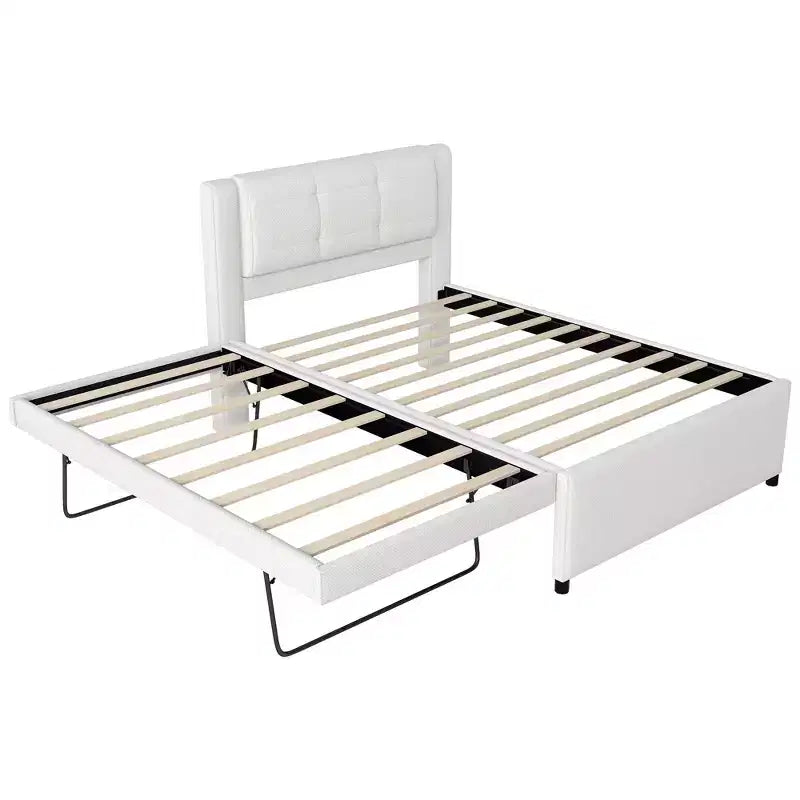 Letto a piattaforma moderno full-size in lino con testiera e letto estraibile