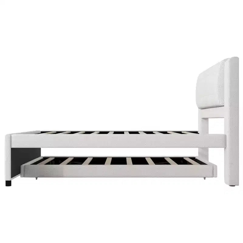 Letto a piattaforma moderno full-size in lino con testiera e letto estraibile