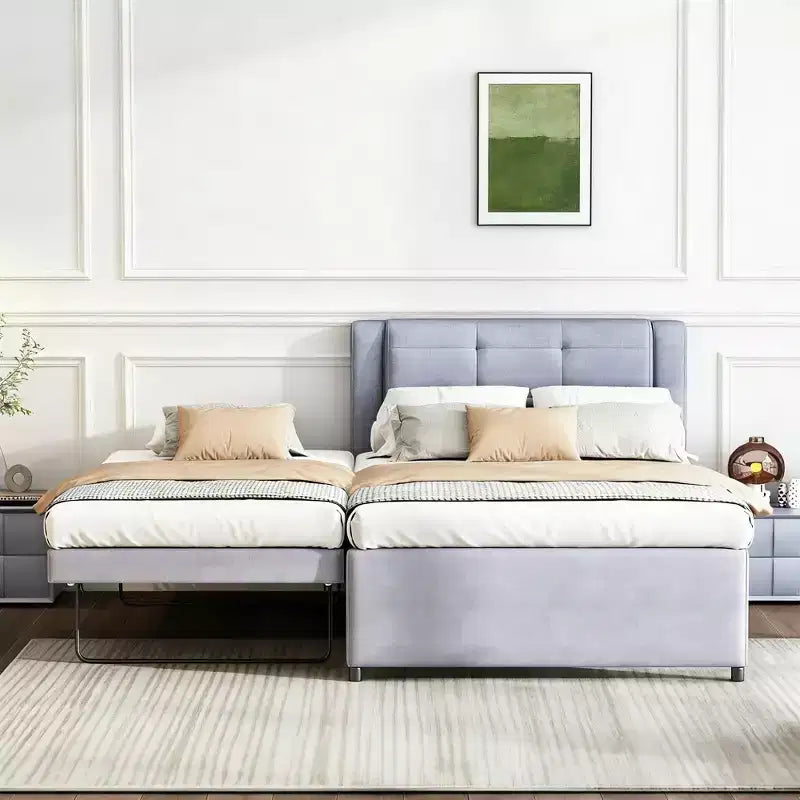 Letto a piattaforma moderno full-size in lino con testiera e letto estraibile