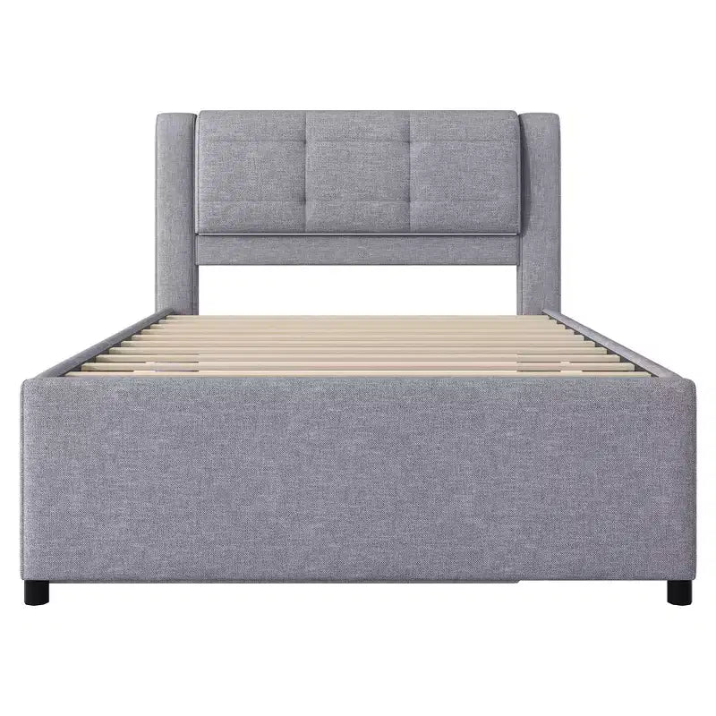 Letto a piattaforma moderno full-size in lino con testiera e letto estraibile