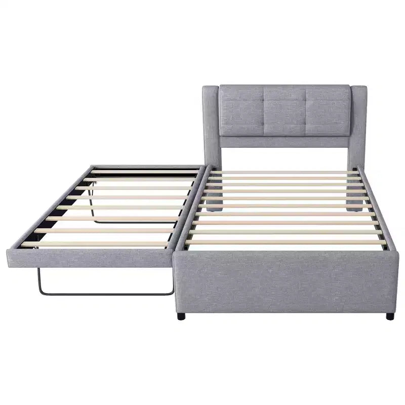 Letto a piattaforma moderno full-size in lino con testiera e letto estraibile