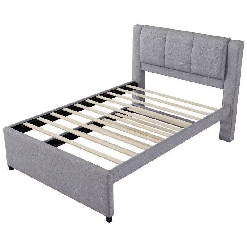 Letto a piattaforma moderno full-size in lino con testiera e letto estraibile