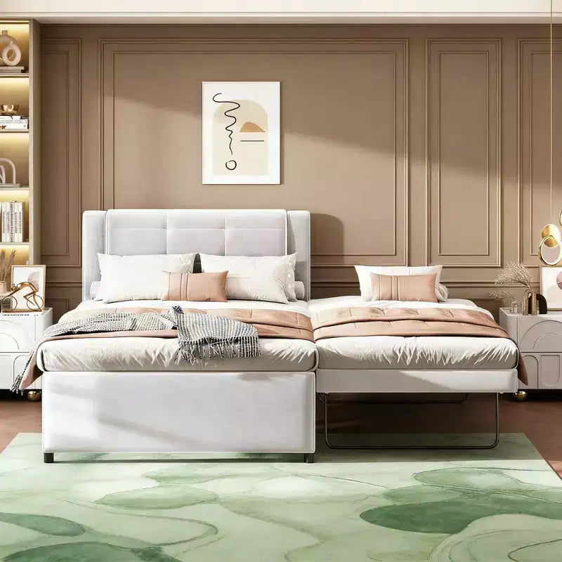 Letto a piattaforma moderno full-size in lino con testiera e letto estraibile